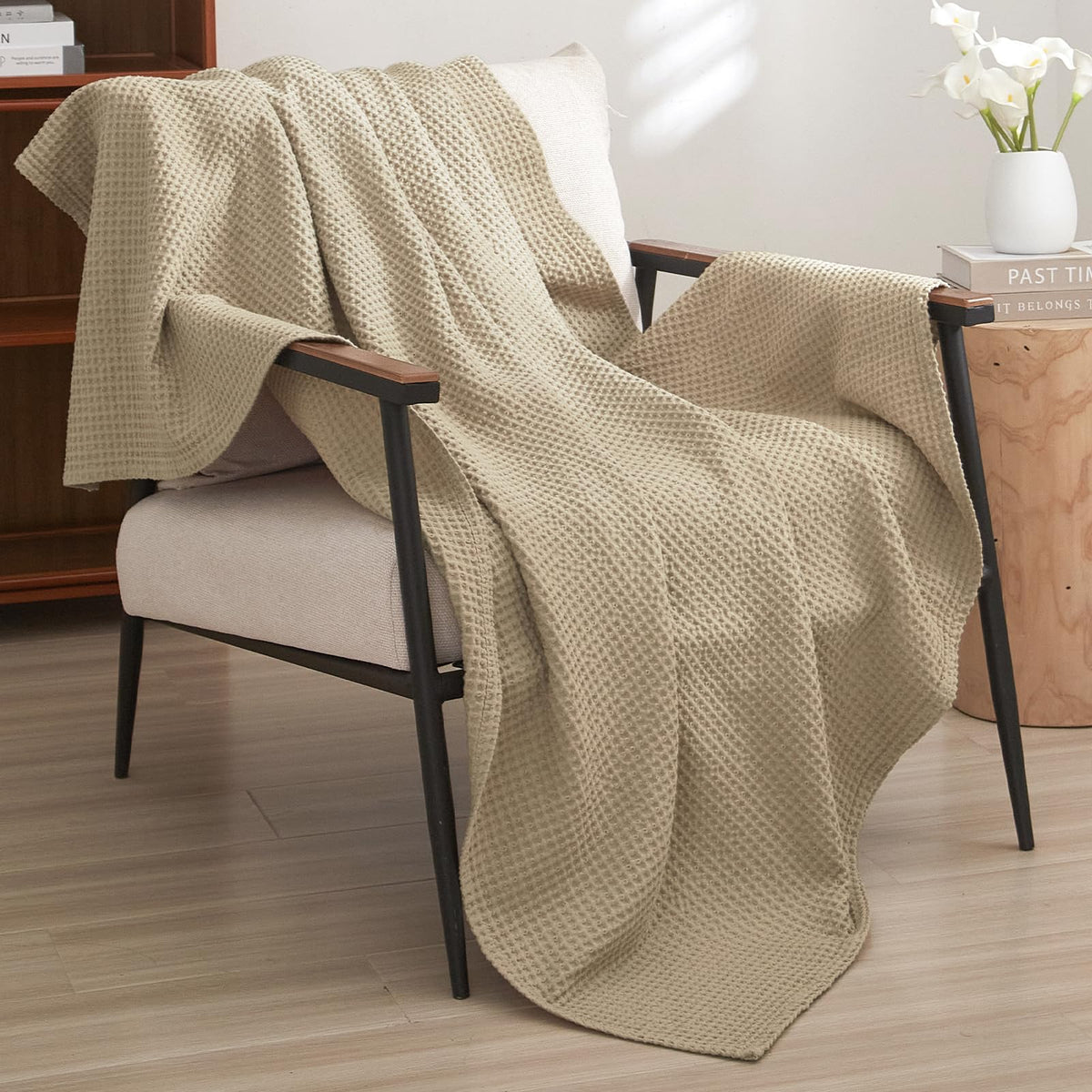 PHF 100% Cotton Waffle Blanket Lightweight Breathable, Queen Linen/Stone