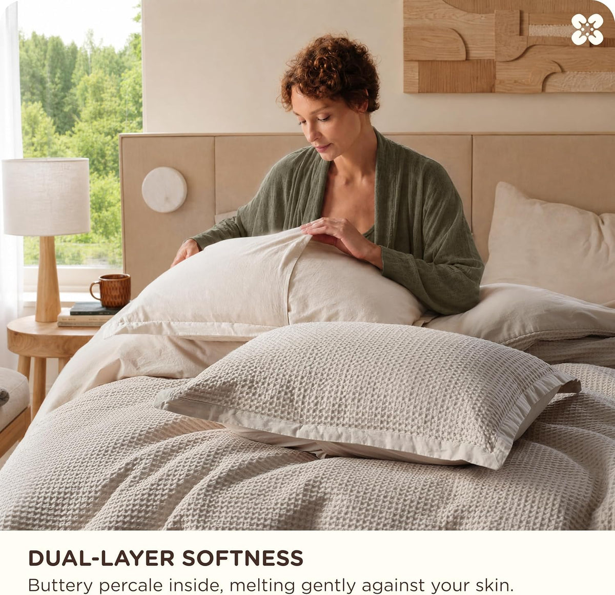 Bedsure PureWoven 3 Pieces 100% Cotton Waffle Duvet Cover Set, Queen, Linen