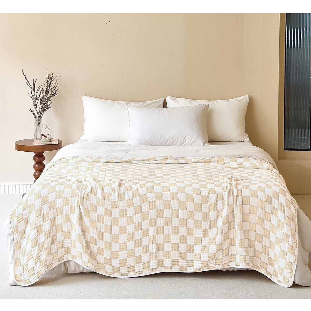 SANACYNA Cotton Muslin Throw Blanket for Adults 6-Layer Gauze Checkerboard