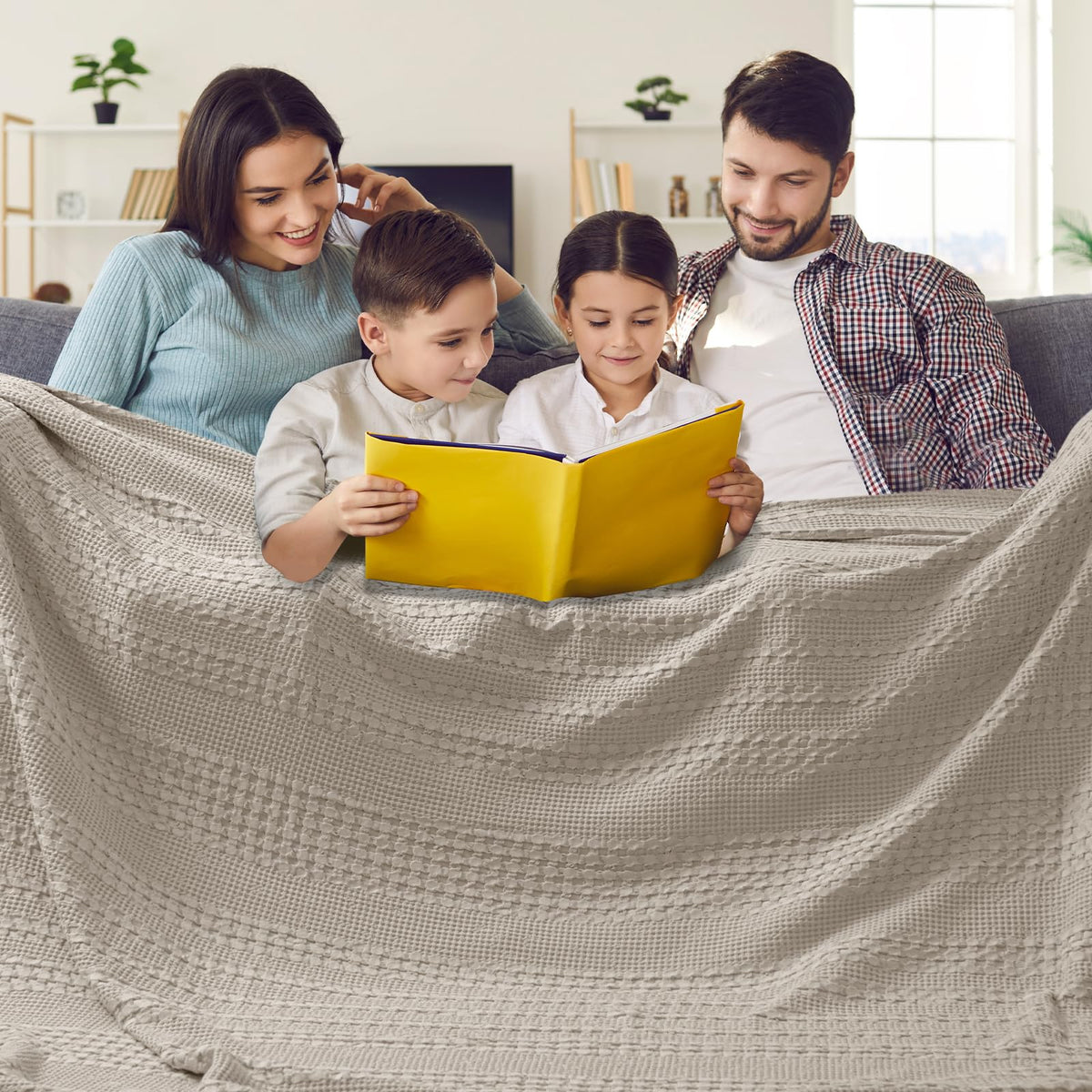 PHF Lightweight 100% Cotton Waffle Throw Blanket for Couch, Light Taupe