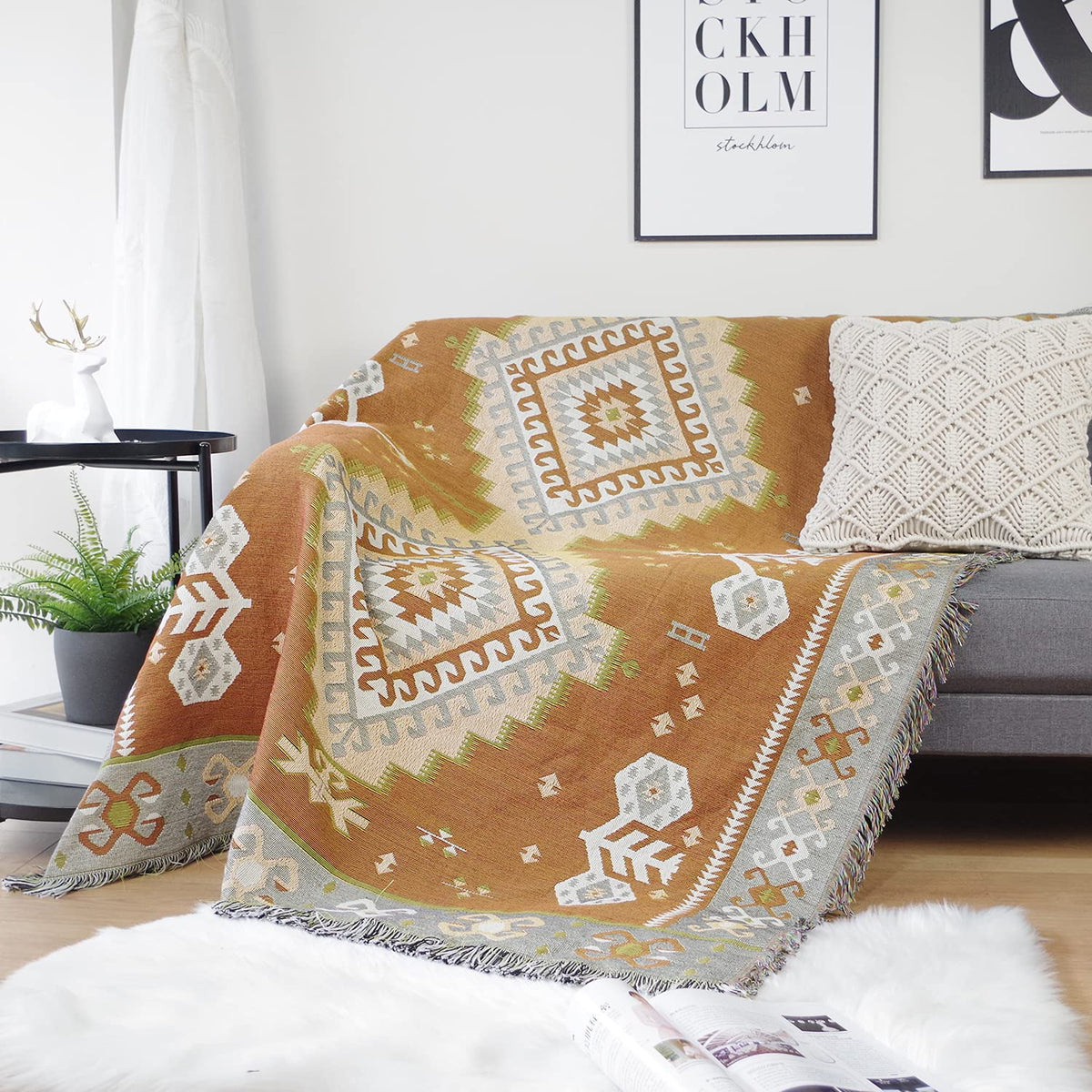 Luxlovery Aztec Sofa Throw Blankets Blue Ethnic Woven Boho Dusty Blue Color Bohemian Woven Throw Blanket for Couch Aztec Bed Throws Oversized Chair Sofa Cover with Tassels(63"x102")