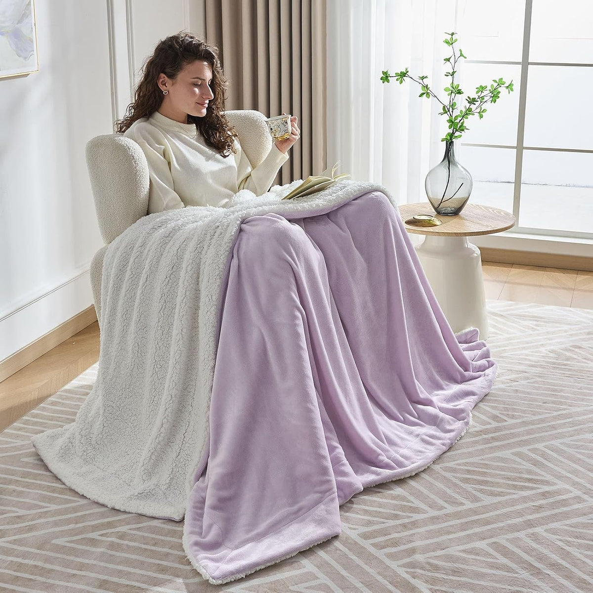 NANPIPER Warm Sherpa Blanket Queen Size for Bed, Soft Fleece for Winter, Fuzzy Plush Throw Gift for Women, Lavender 90x90 Inches
