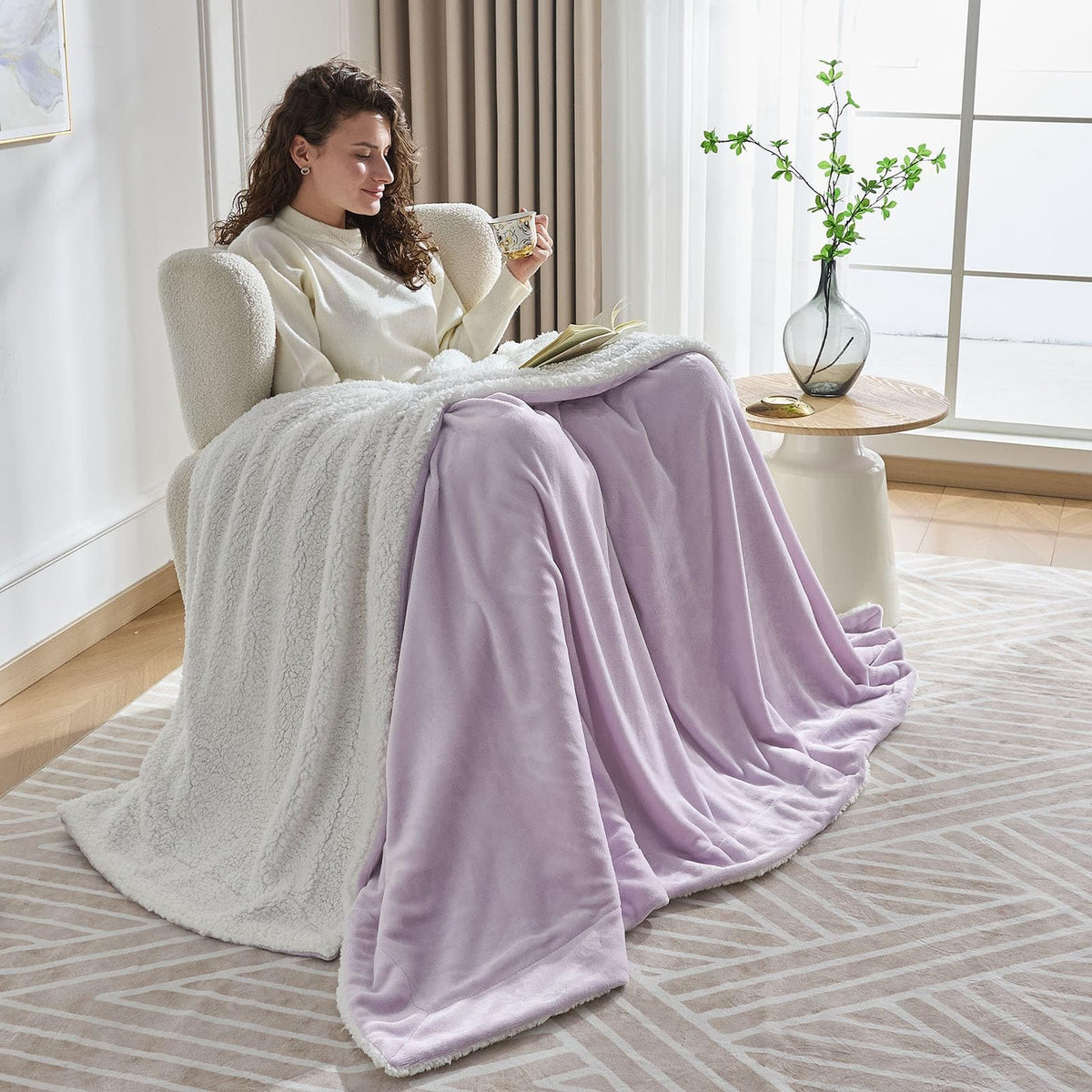 NANPIPER Warm Sherpa Blanket Queen Size for Bed, Soft Fleece for Winter, Fuzzy Plush Throw Gift for Women, Lavender 90x90 Inches