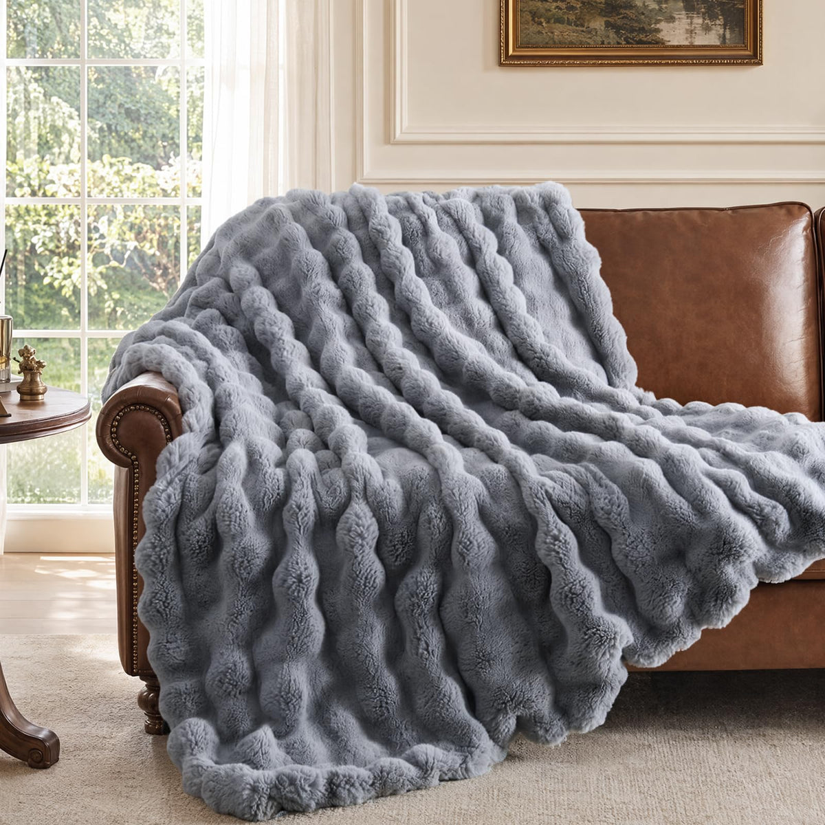 IKALIFE Cozy Bubble Faux Fur Throw Blanket for Couch, 50x60 Cream