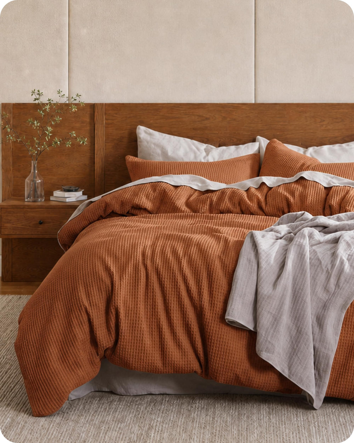 Bedsure PureWoven 3 Pieces 100% Cotton Waffle Duvet Cover Set, Queen, Linen
