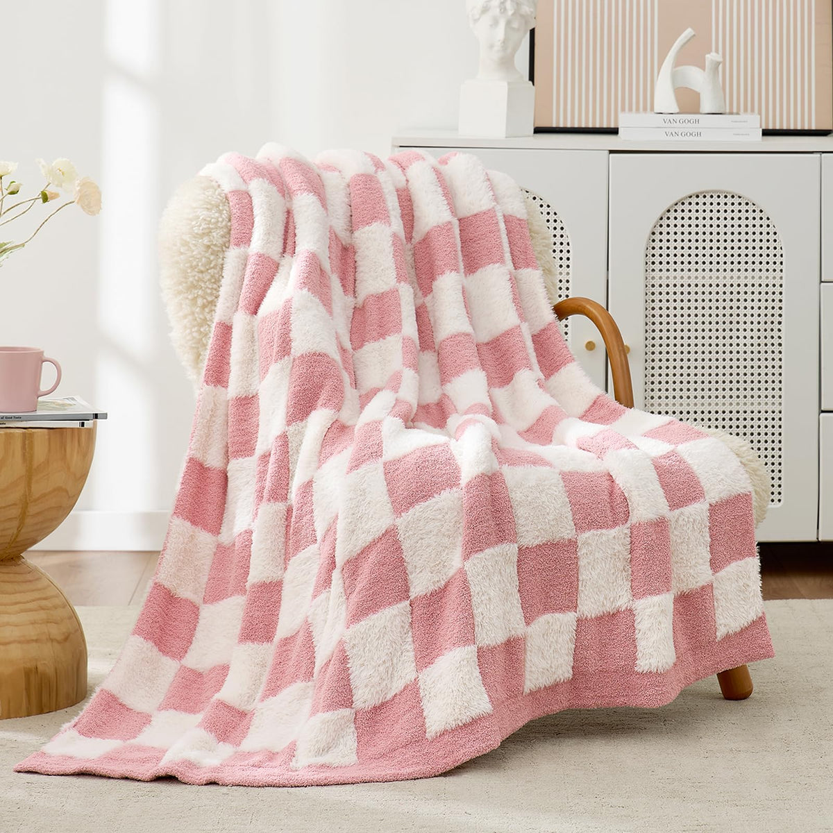 Snuggle Sac Fall Checkered Throw Blanket Faux Fur Microfiber Blankets for Couch,Cozy Soft Warm Blanket for Sofa Bedroom Living Room,Beige Checker,50x60 inches