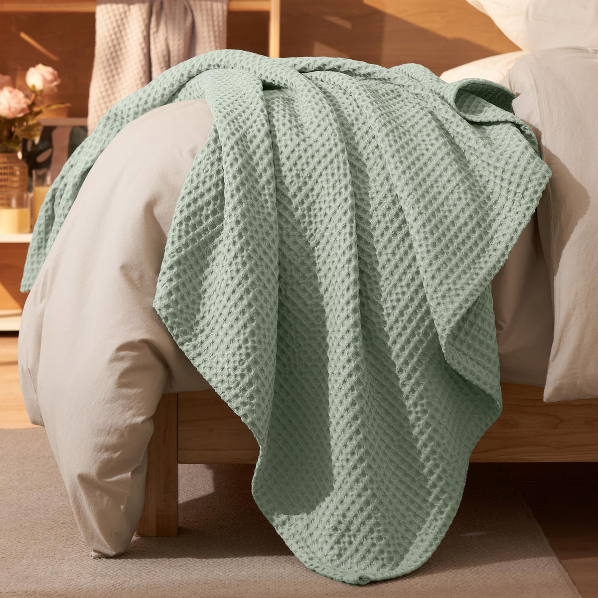 PHF Ultra Soft Waffle Weave Blanket for Bed, Queen Size, Light Khaki/Linen