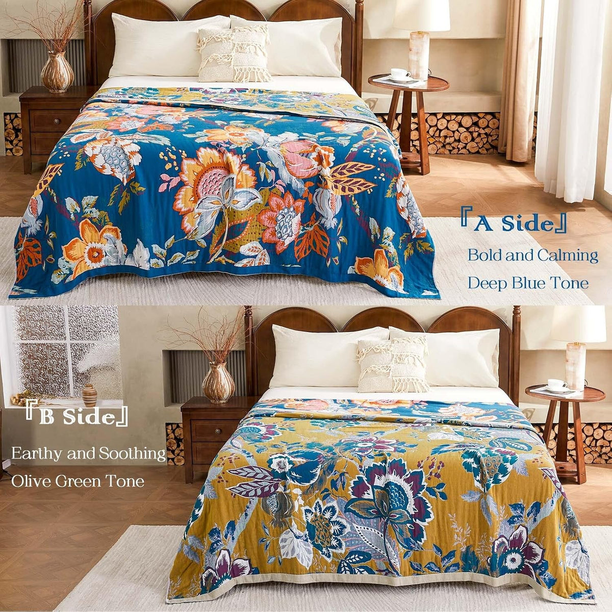 XIBLC Boho Throw Blanket, Blue Lightweight Blankets for Summer, 100% Cotton Bohemian Decorative Throw Blanket, 50"x60" Reversible Muslin Breathable Woven Farmhouse Blankets Quilt,