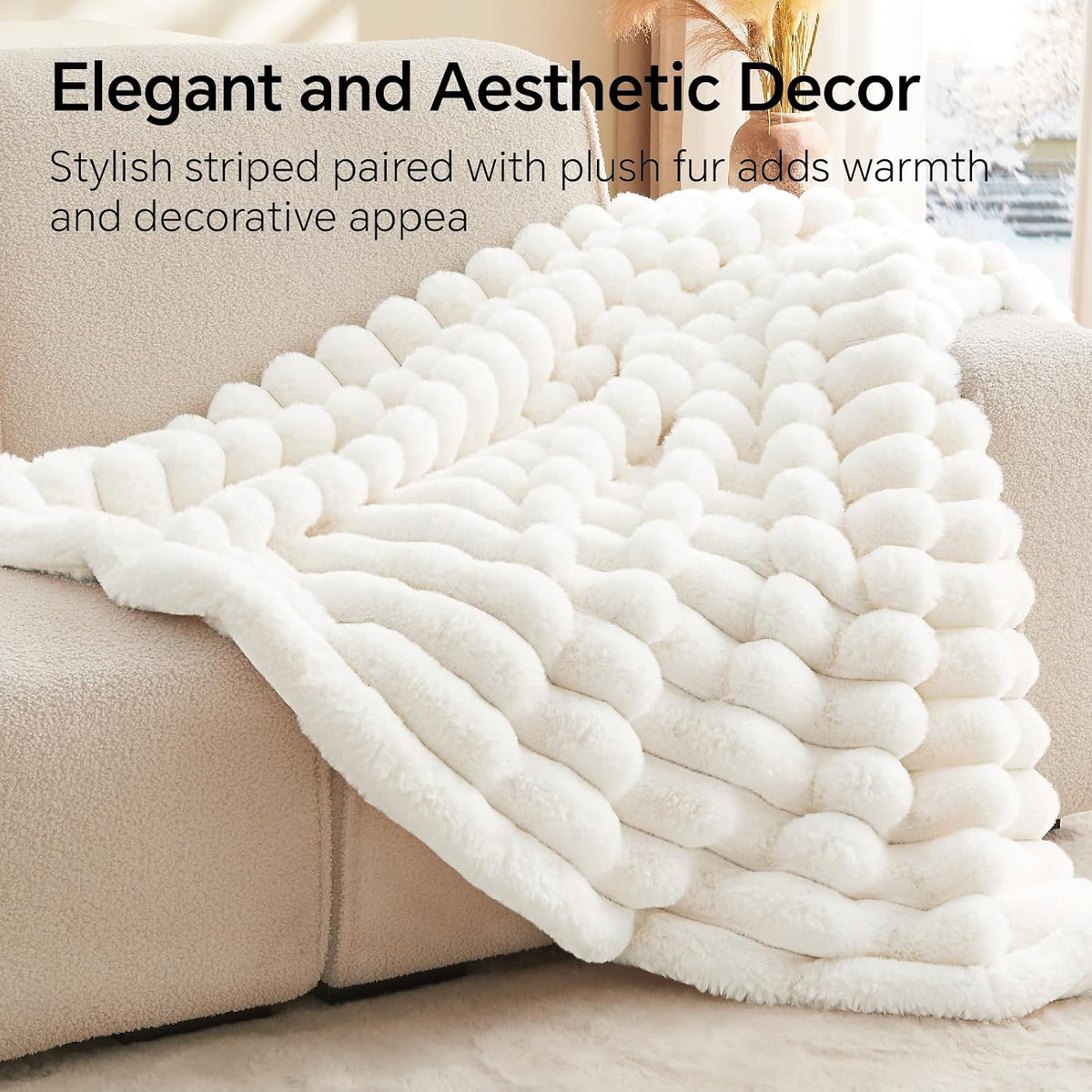 BEDELITE Faux Fur Throw Blanket for Couch, 770GSM, 50" x 60", Cream