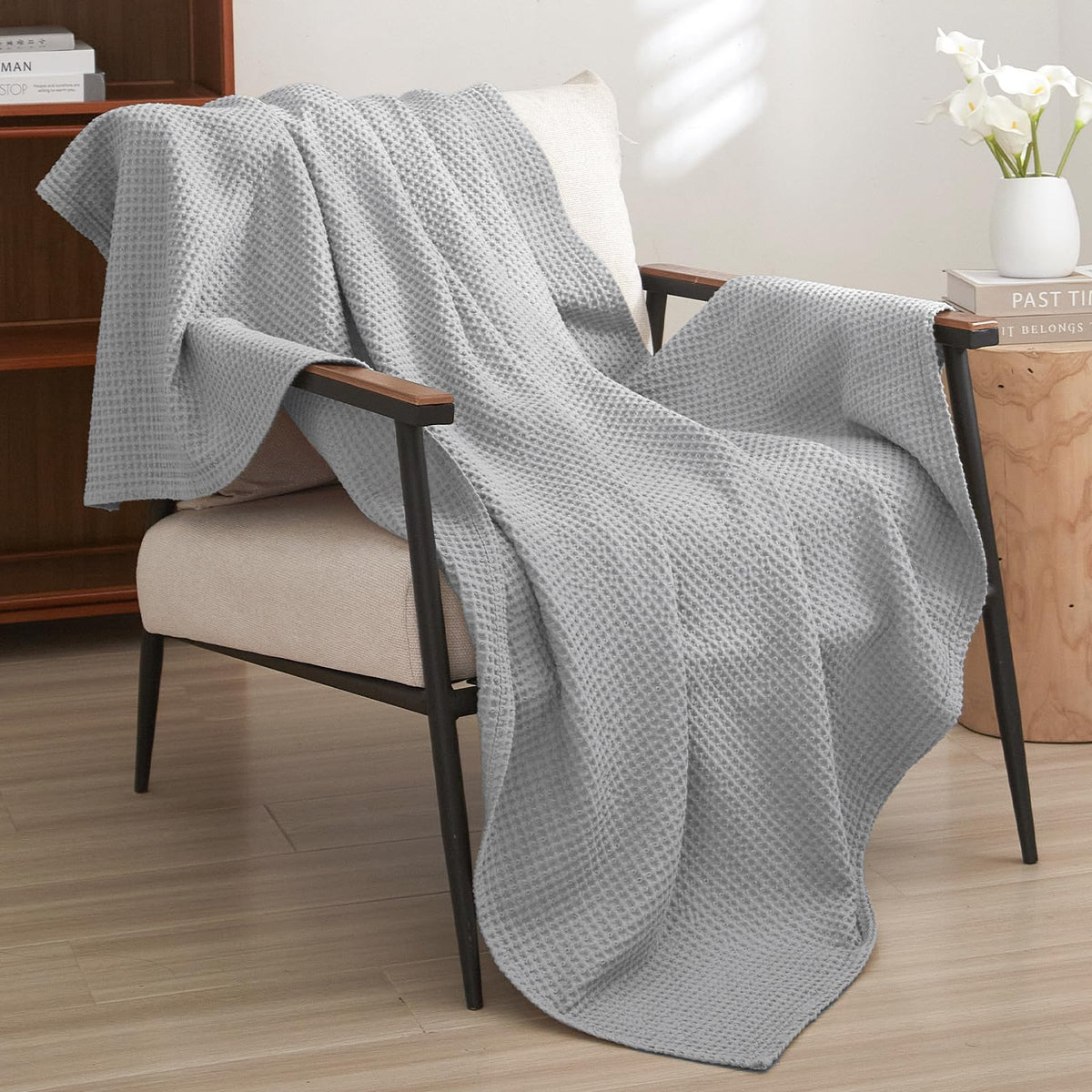 PHF 100% Cotton Waffle Blanket Lightweight Breathable, Queen Linen/Stone