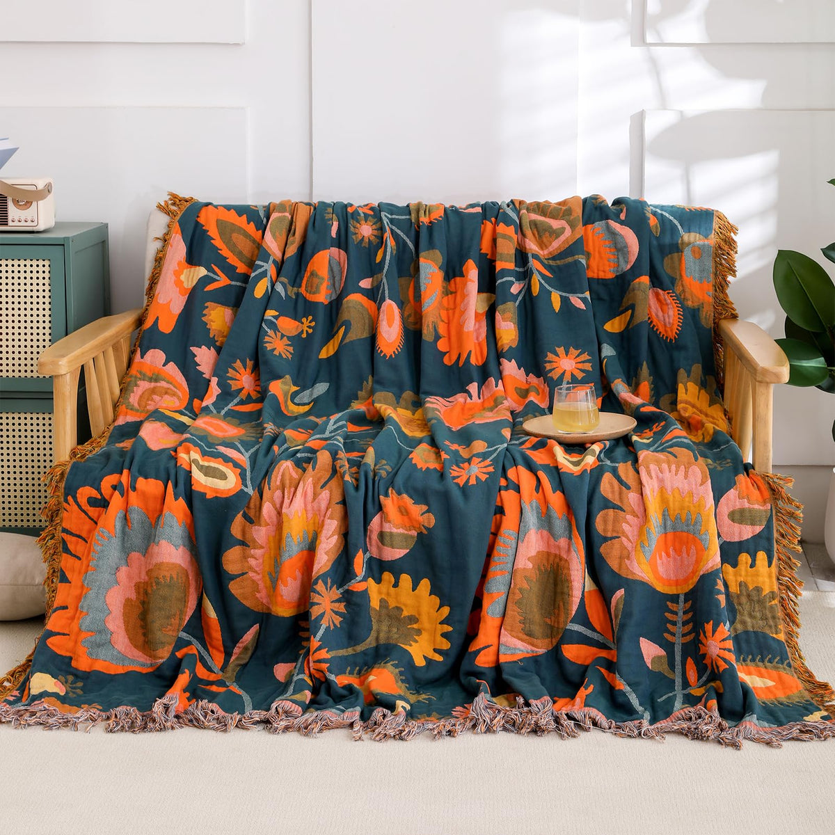 Snycler Boho Throw Blanket for Bed, 100% Organic Cotton Muslin Soft Throw-Floral Bird Farmhouse Rustic Spring Summer Fall Decor Blanket for Couch Sofa Quilt and Gift, 60" x 80" Orange