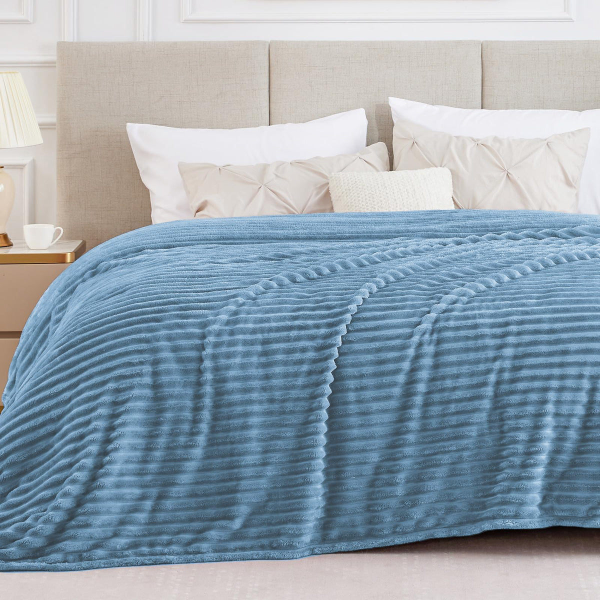 BEDELITE Ribbed Fleece Throw Blanket for Couch, Cream, 50"x60"