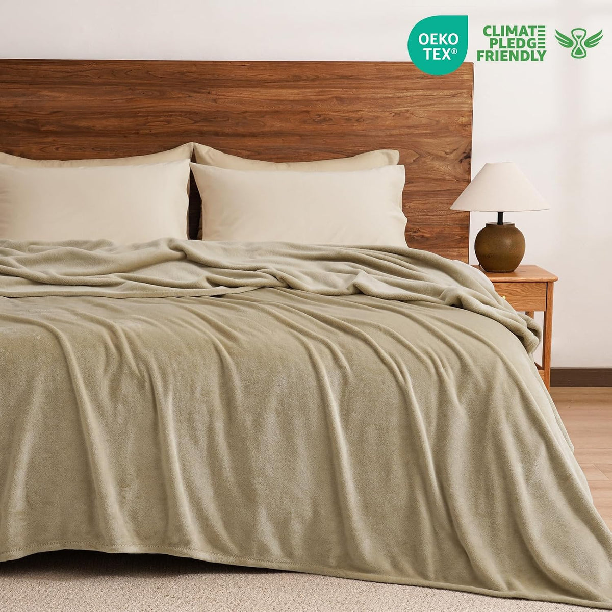 PHF Fleece Blanket Queen Size 90x90-300GSM Lightweight Airy Warmth, Khaki