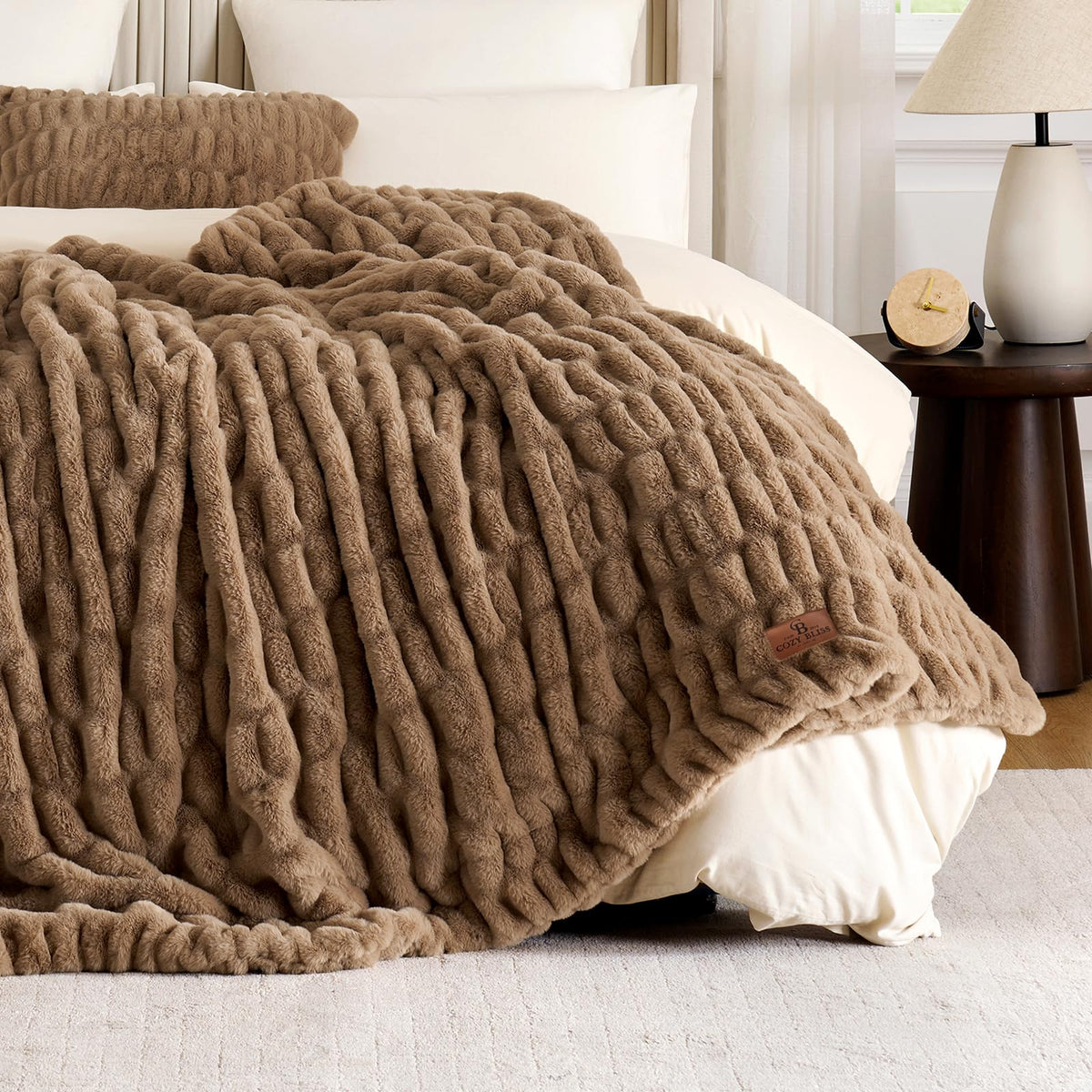Cozy Bliss Double-Sided Soft Faux Fur Throw Blanket,50"x60", Cream White