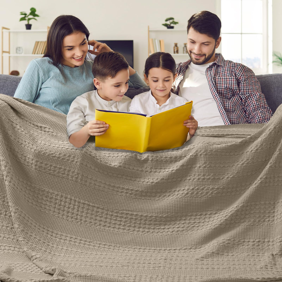 PHF Lightweight 100% Cotton Waffle Throw Blanket for Couch, Light Taupe