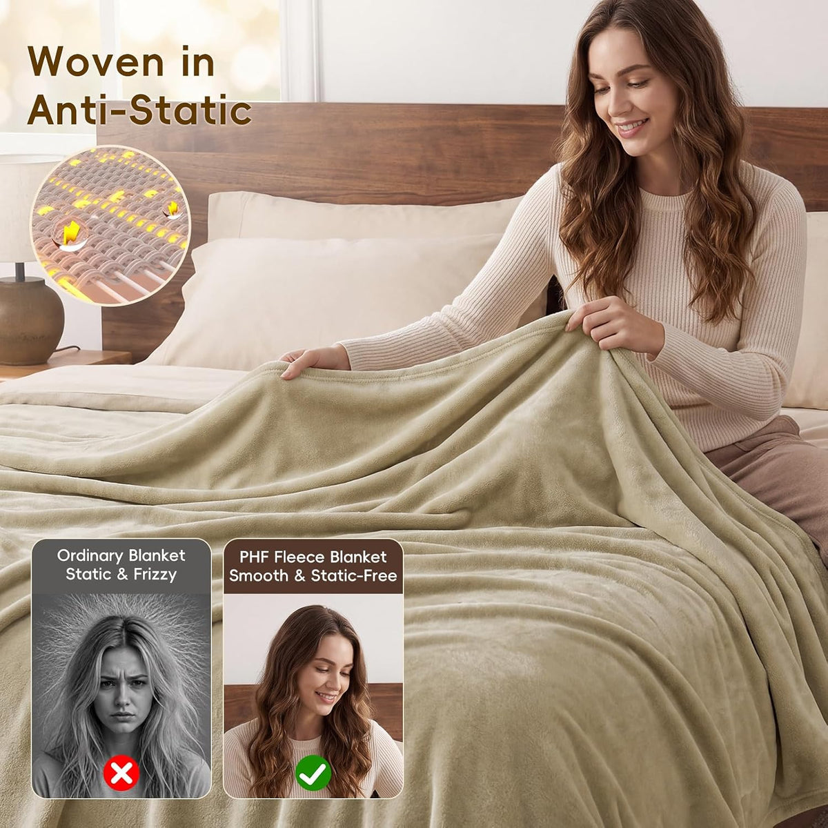PHF Fleece Blanket Queen Size 90x90-300GSM Lightweight Airy Warmth, Khaki
