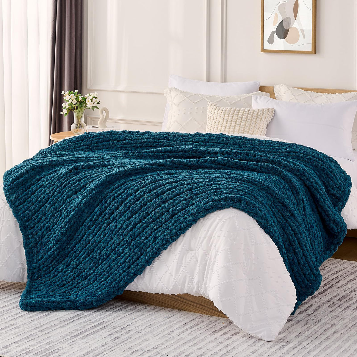 L'AGRATY Chunky Knit Throw Blanket for Couch, 50'' x 60'' Knit Throw, Ivory