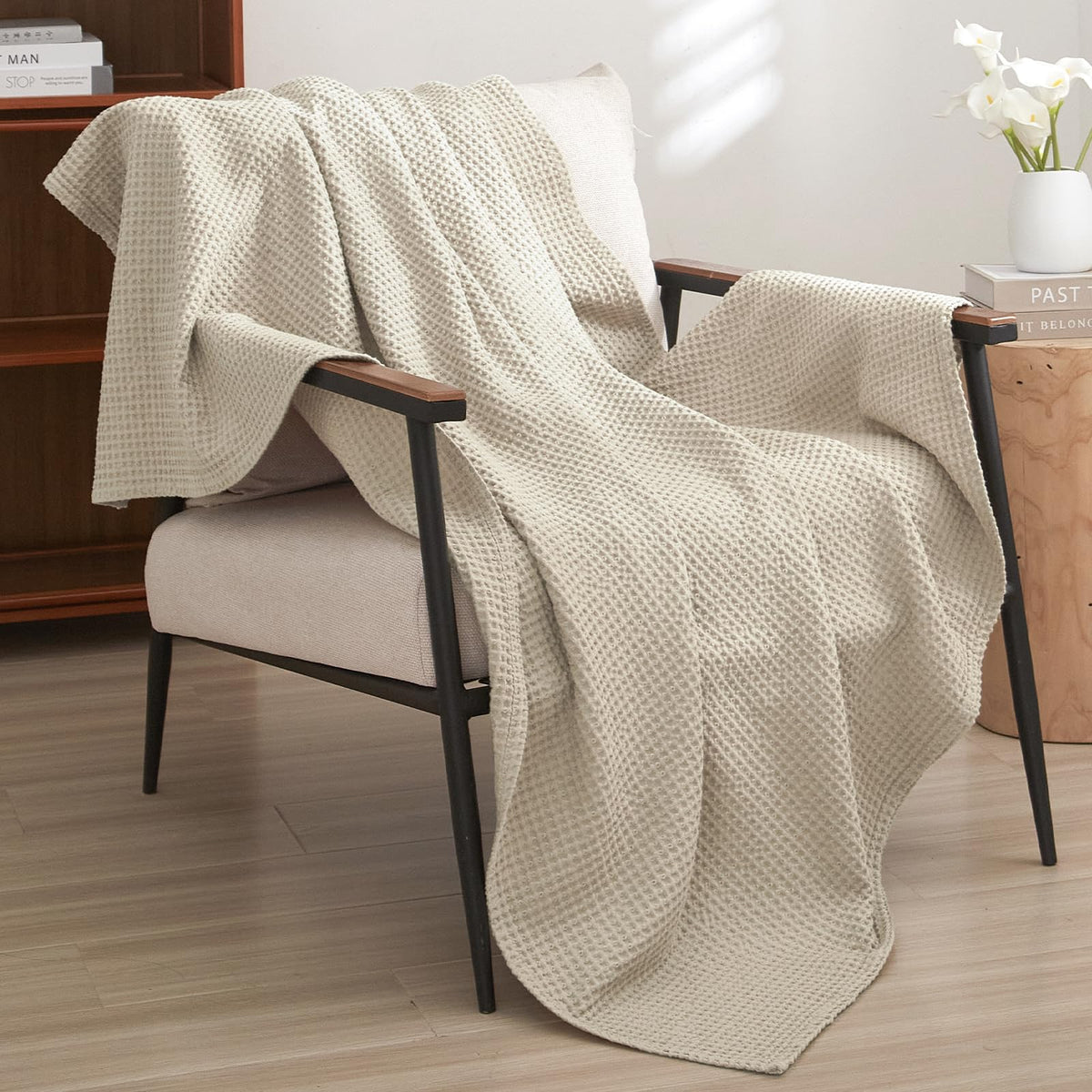 PHF 100% Cotton Waffle Blanket Lightweight Breathable, Queen Linen/Stone