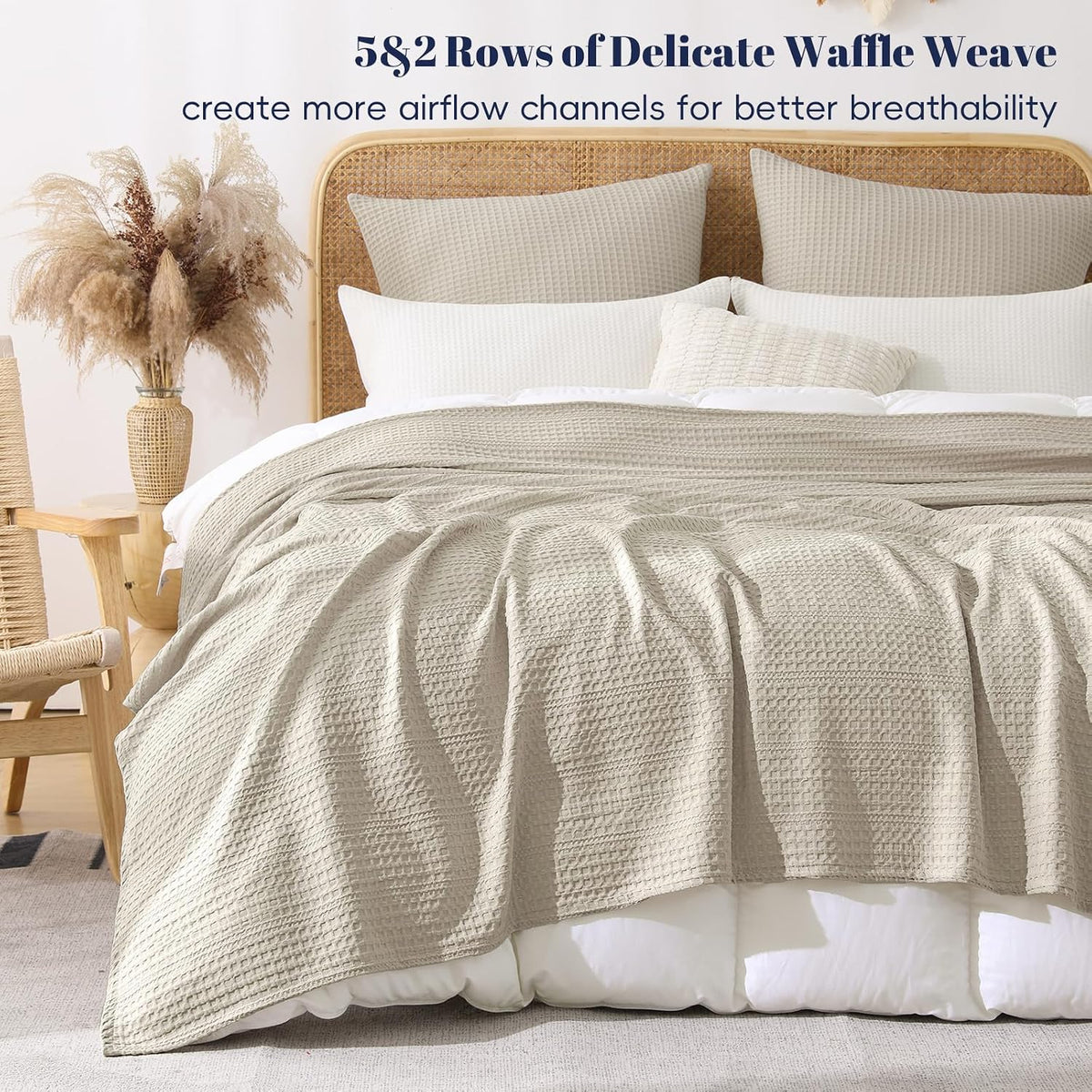 PHF Lightweight Waffle Weave Blanket Queen Size 90"x 90", Soft Woven All‑Season Blanket for Hot Sleepers - Aesthetic Home Decor for Couch Bed Sofa, Pet Friendly, Natural/Linen