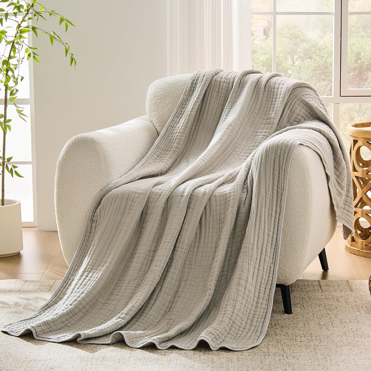 VANJOROY Muslin Throw Blanket for Adults, 100% Cotton 9-Layer 50x70, Beige