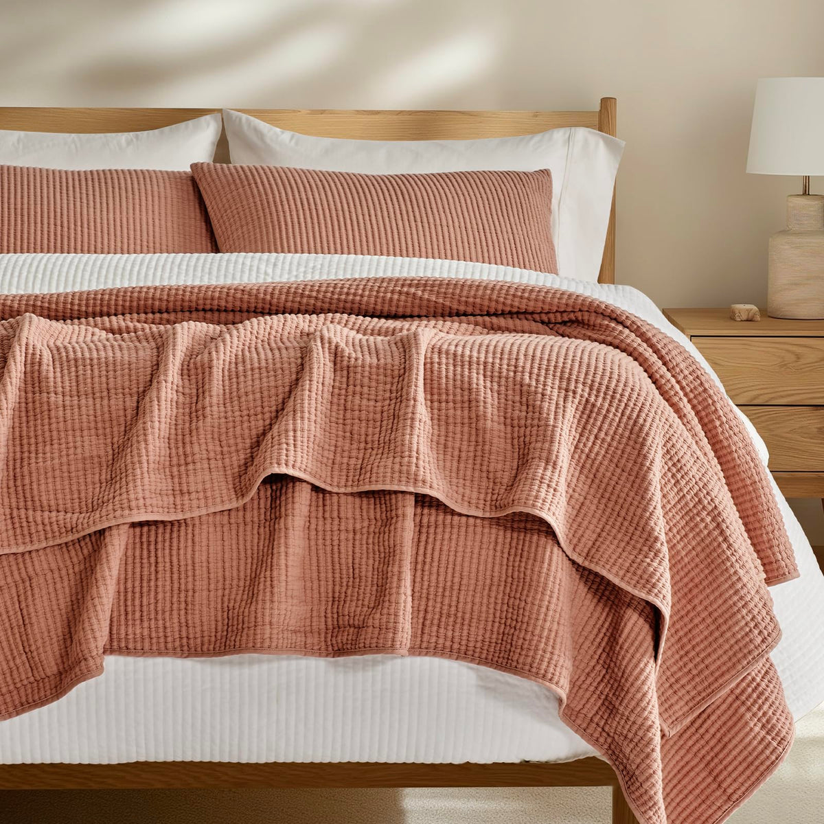 EVERGRACEHOME Cotton Ribbed Matelassé Coverlet Set, Queen Size, Ivory White