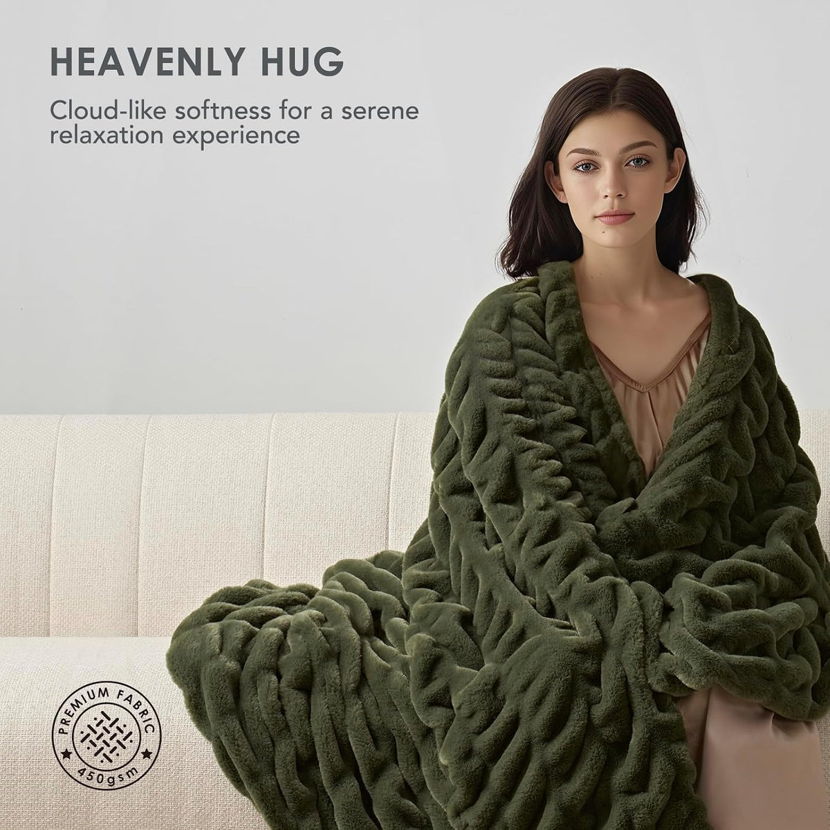 EverGrace Ruched Bubble Faux Rabbit Fur Throw Blanket, 60"x80", Loden Green
