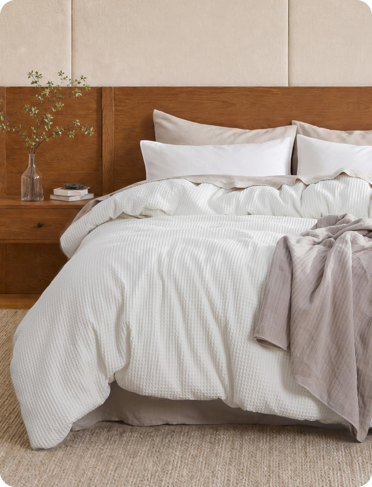 Bedsure PureWoven 3 Pieces 100% Cotton Waffle Duvet Cover Set, Queen, Linen