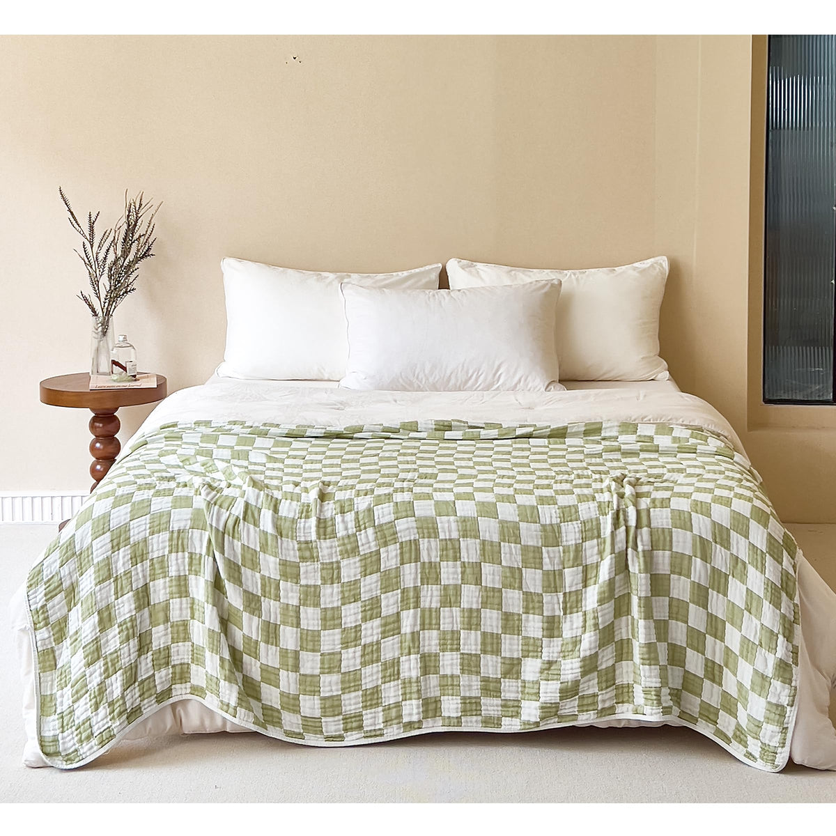 SANACYNA Cotton Muslin Throw Blanket for Adults 6-Layer Gauze Checkerboard