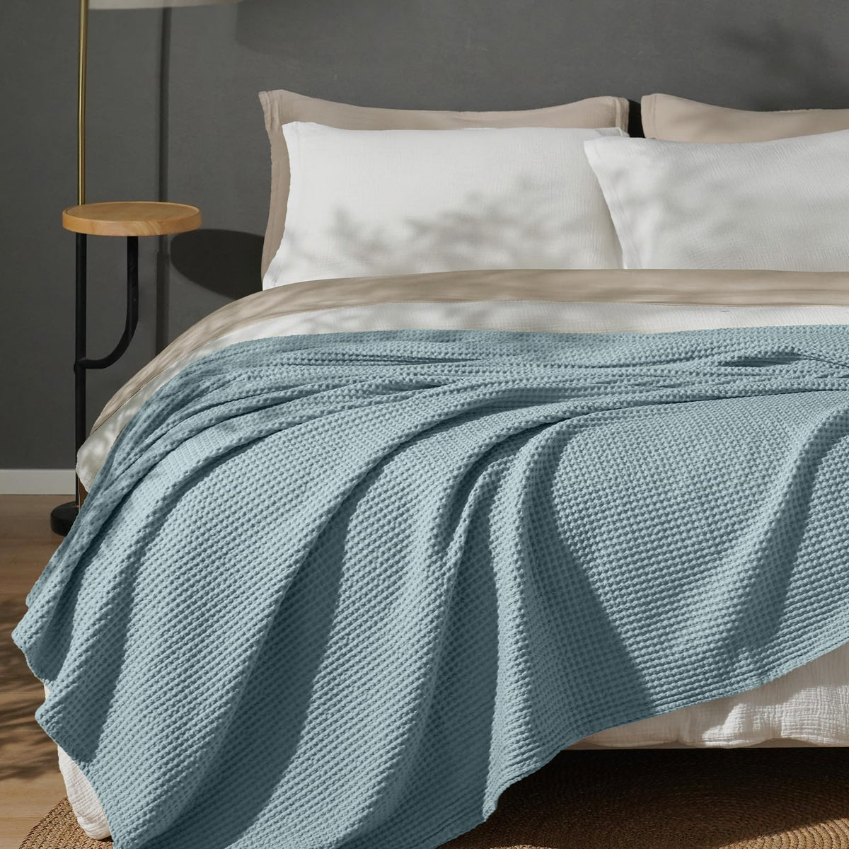 PHF 100% Cotton Waffle Blanket Lightweight Breathable, Queen Linen/Stone