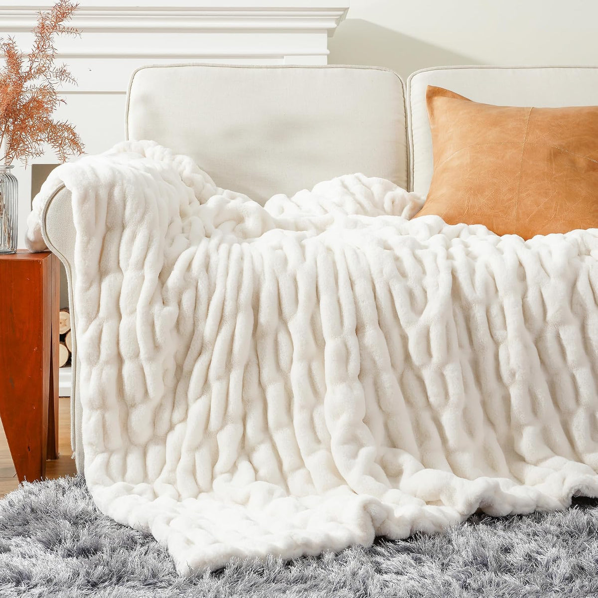 BATTILO Soft Ivory Faux Fur Throw Blanket for Couch, 50"x60", Double Side