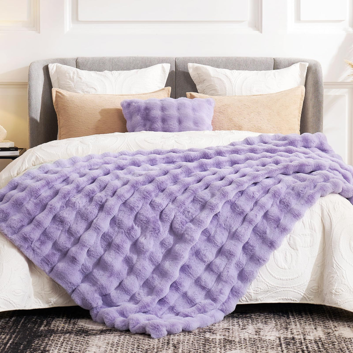 Cozy Bliss Faux Fur Throw Blanket for Couch, Fuzzy Soft Plush Thick Bubble Blanket for Sofa Bedroom Living Room, 50 * 60 Inches Tie-dye Taupe