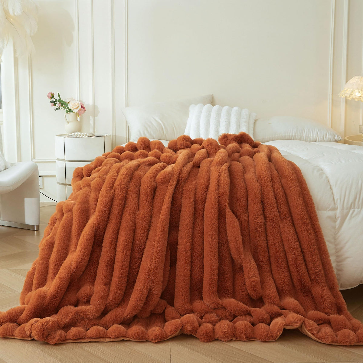 MEGO Fluffy Faux Rabbit Fur Ribbed Throw Blanket 50"x60", Rainbow