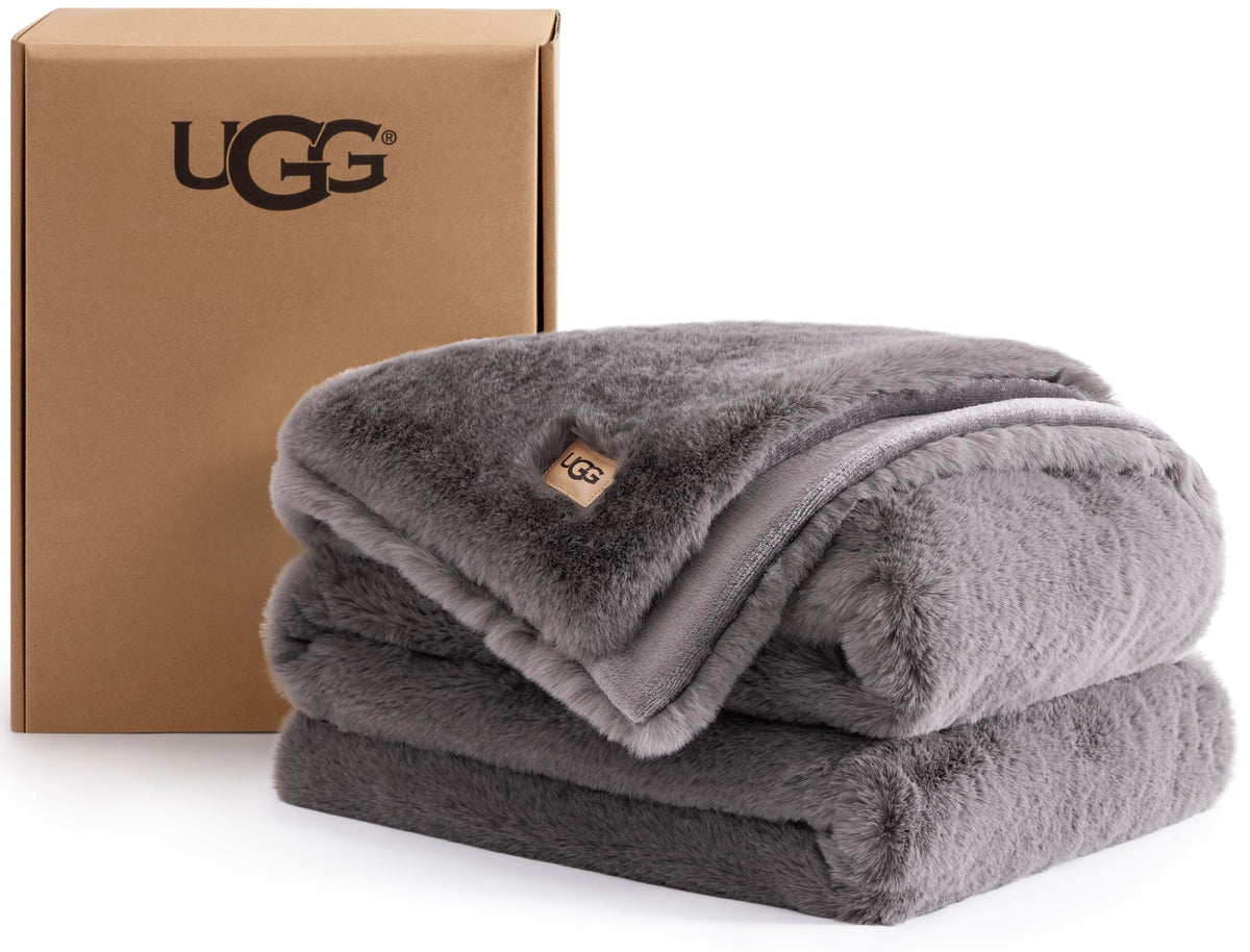 UGG Euphoria Throw Blanket, Plush Faux Fur Blanket, 50" x 70", Grey Blue