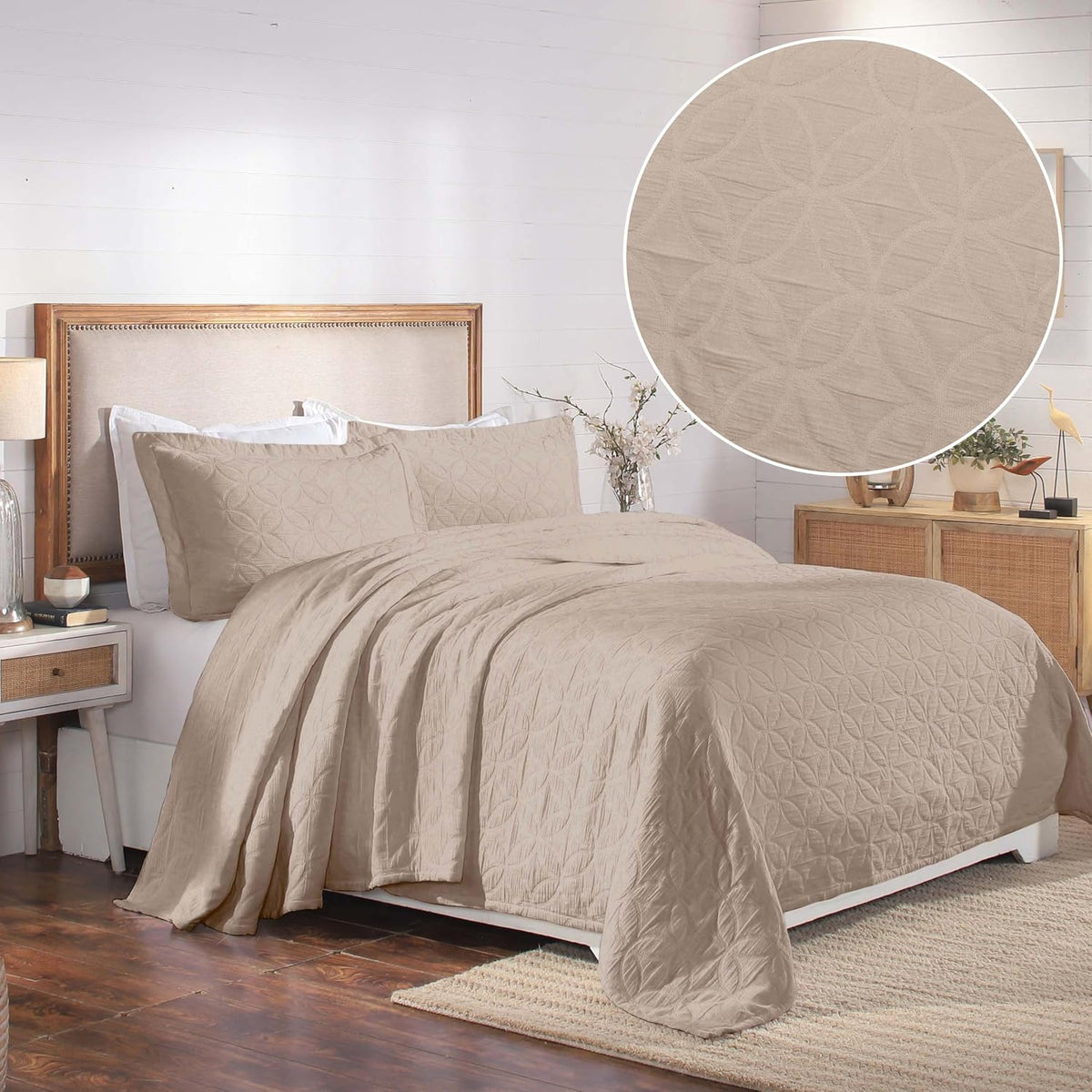 SUPERIOR Cotton 3-Piece Bedspread Set, 1 Medium Weight Bedspread, 2 Pillow Shams, Home Bed Decor, Warm Bedding, Matelasse Woven Oversized Blanket, Geometric Circles, Serenity Collection, King, Linen