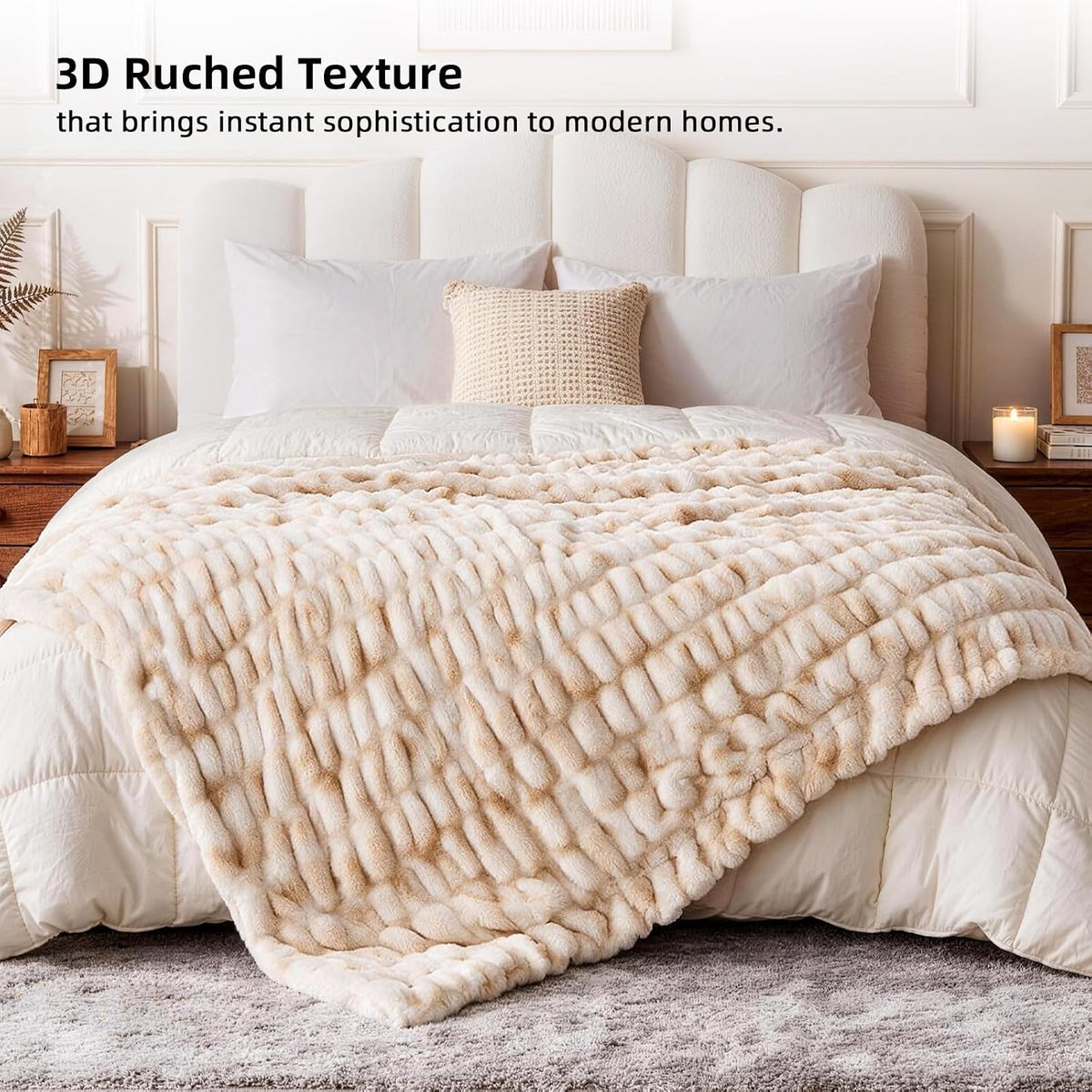 Double Sided Ruched Faux Rabbit Fur Throw Blanket,50x60 CaramelCream