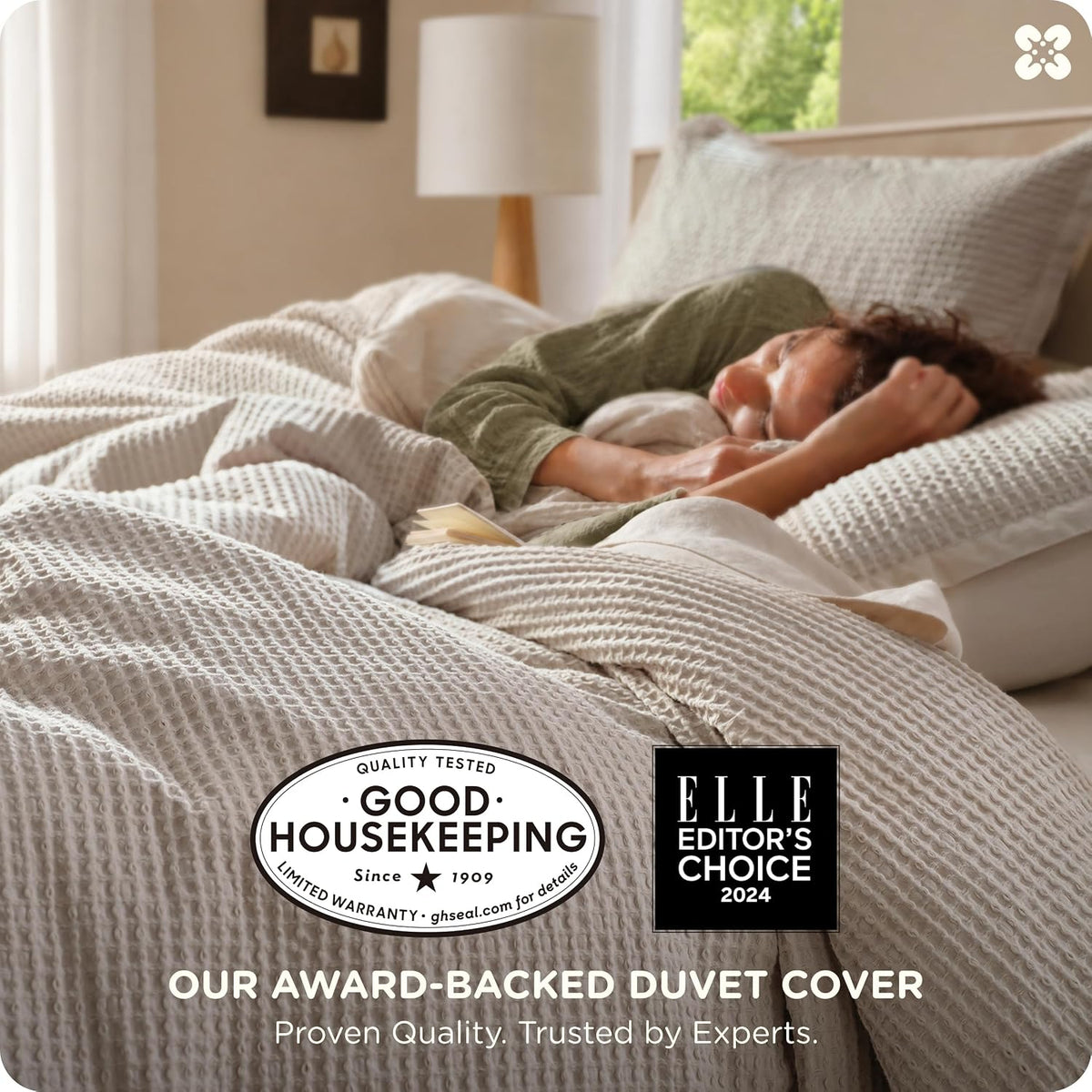 Bedsure PureWoven 3 Pieces 100% Cotton Waffle Duvet Cover Set, Queen, Linen