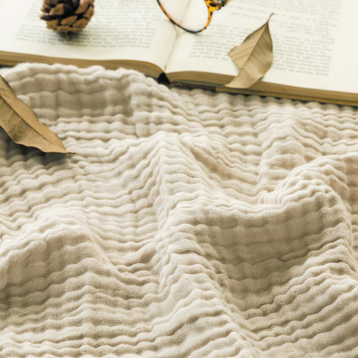 EMME Cotton Blanket King Size for Bed Soft Muslin Blankets 108"x90" Beige Lightweight Breathable Layering Bedspread Coverlet All Season Gauze