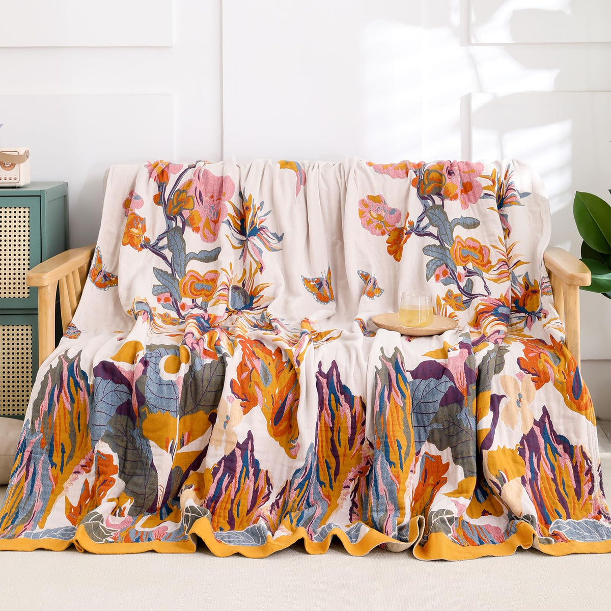 Snycler Boho Throw Blanket for Bed, 100% Organic Cotton Muslin Soft Throw-Floral Bird Farmhouse Rustic Spring Summer Fall Decor Blanket for Couch Sofa Quilt and Gift, 60" x 80" Orange