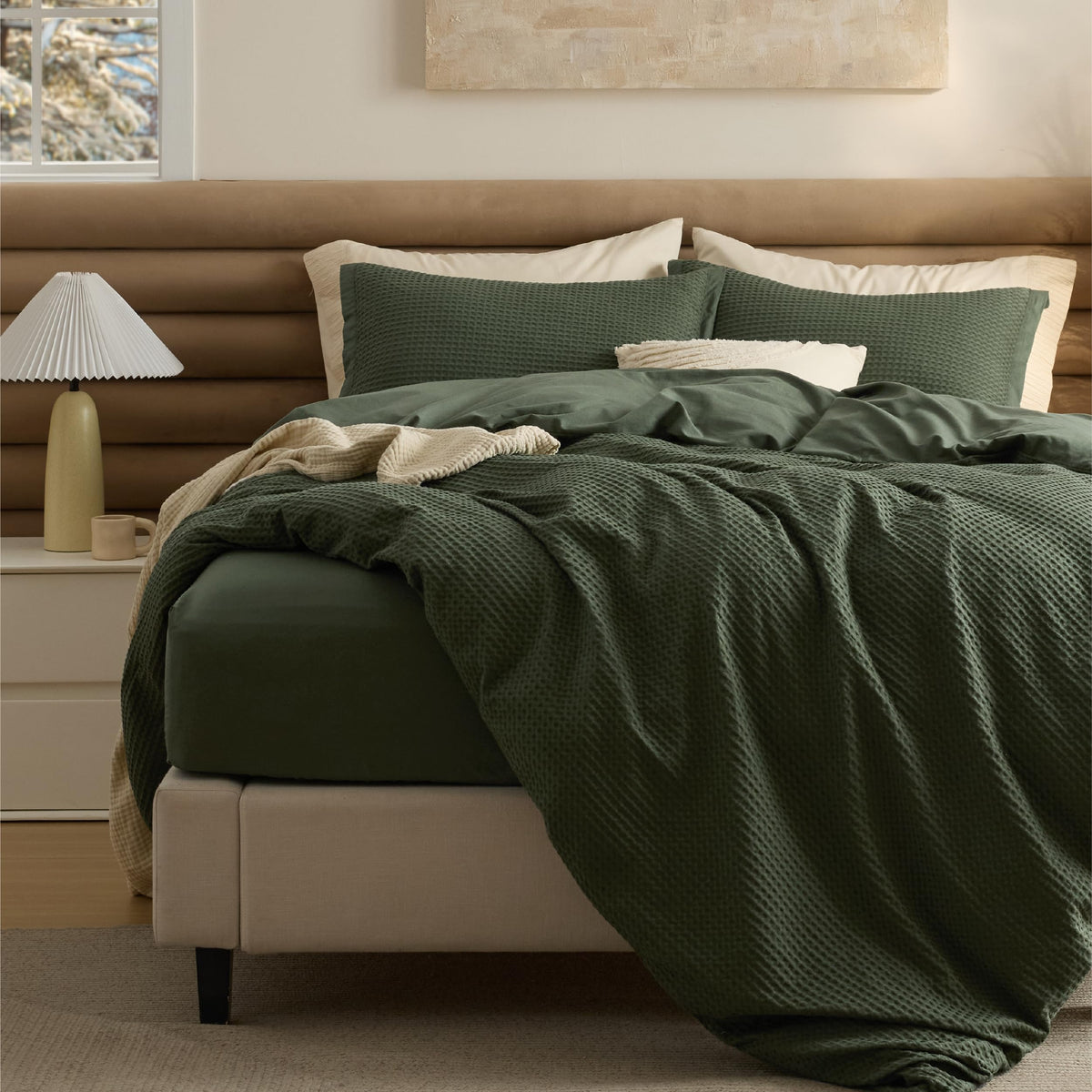Bedsure PureWoven 3 Pieces 100% Cotton Waffle Duvet Cover Set, Queen, Linen