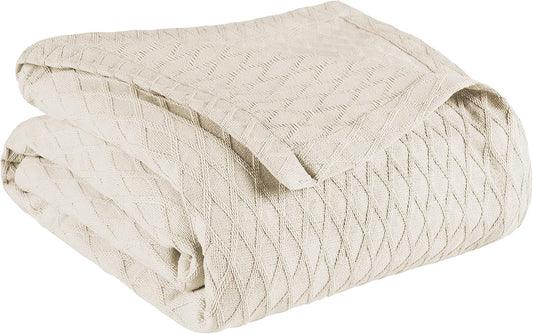 Superior Diamond Weave All-Season Cotton Blanket, Cover for Home, Couch, Bed, Soft, Warm Blankets, Boho Aesthetic, Comfy, Cozy, and Cute Covers, Decorative Bedding Essentials, Full/Queen, Ivory