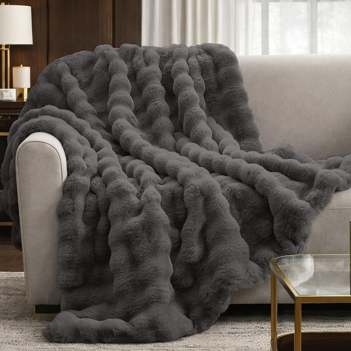 Cozy Bliss Faux Fur Throw Blanket for Couch, Fuzzy Soft Plush Thick Bubble Blanket for Sofa Bedroom Living Room, 50 * 60 Inches Tie-dye Taupe