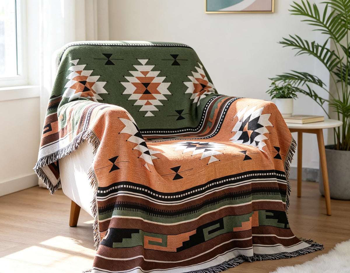 Luxlovery Aztec Sofa Throw Blankets Blue Ethnic Woven Boho Dusty Blue Color Bohemian Woven Throw Blanket for Couch Aztec Bed Throws Oversized Chair Sofa Cover with Tassels(63"x102")