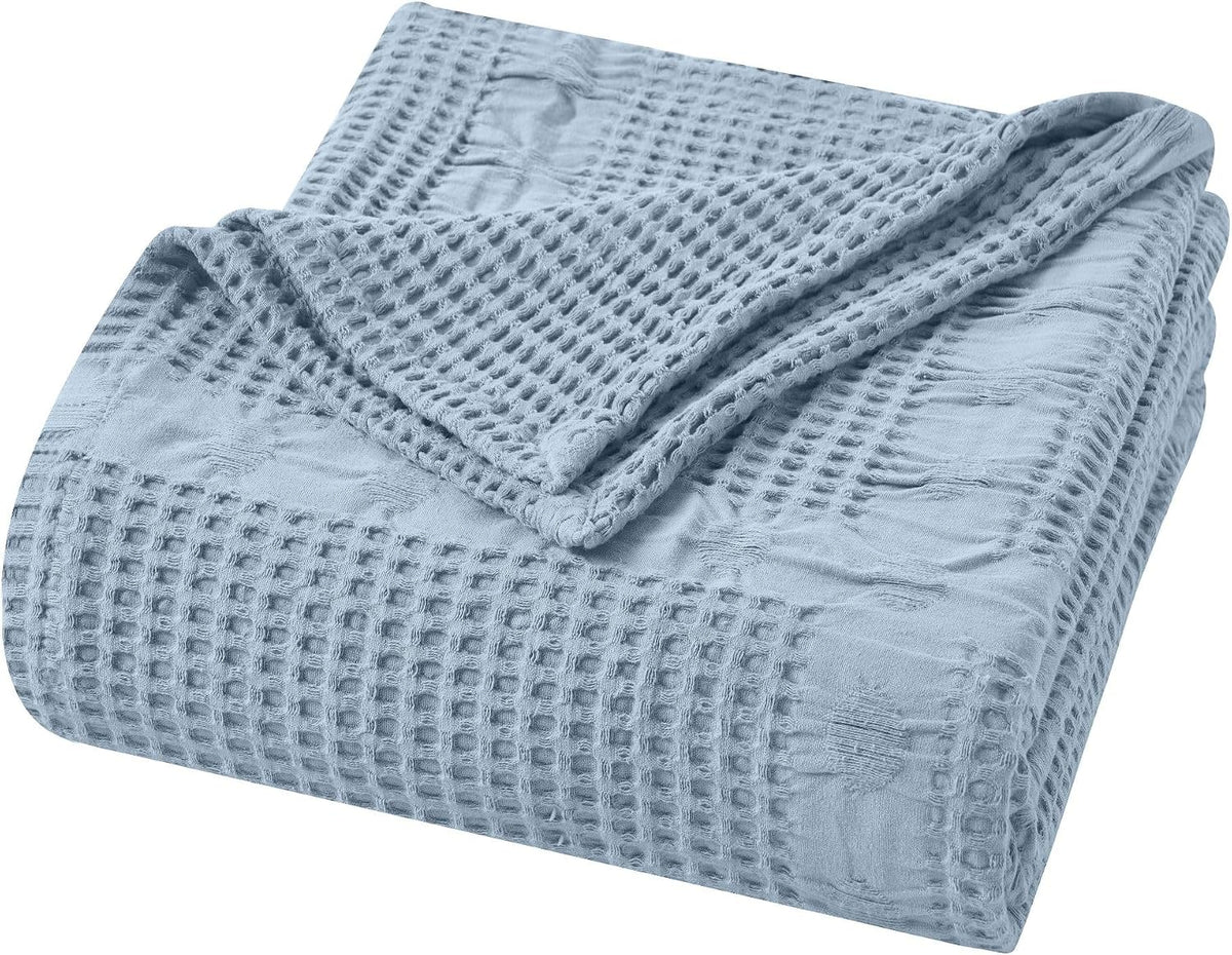 SUPERIOR Waffle Weave Cotton Blanket, Comfy Blanket for Bedroom Decor, Picnic, Beach, Traveling, Bedding Essentials, Bed Cover, Couch, Lounging, Geometric Design, Mai Collection, Twin, Light Blue