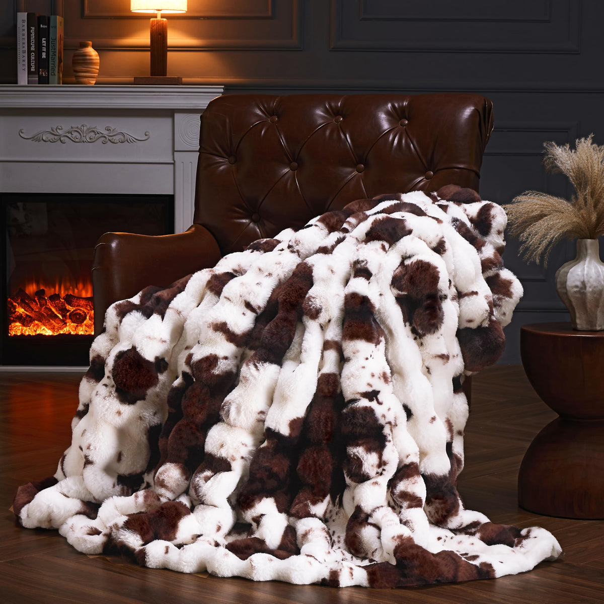Faux Fur Throw Blanket for Couch, Fluffy Fuzzy Plush Bubble Blanket, Soft Warm Cozy Shaggy Rabbit Blanket, Luxury Decorative Gifts for Sofa Bedroom Living Room, 60x50inch (Cow Print-Brown)