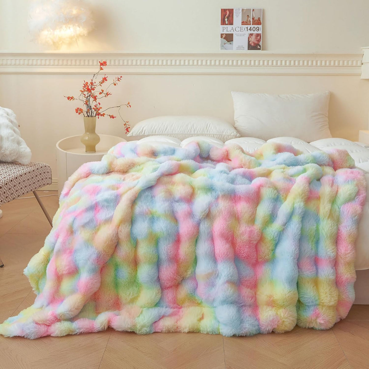 LIFEREVO Luxury Fluffy Faux Rabbit Fur Throw Blanket 50x60, Rainbow