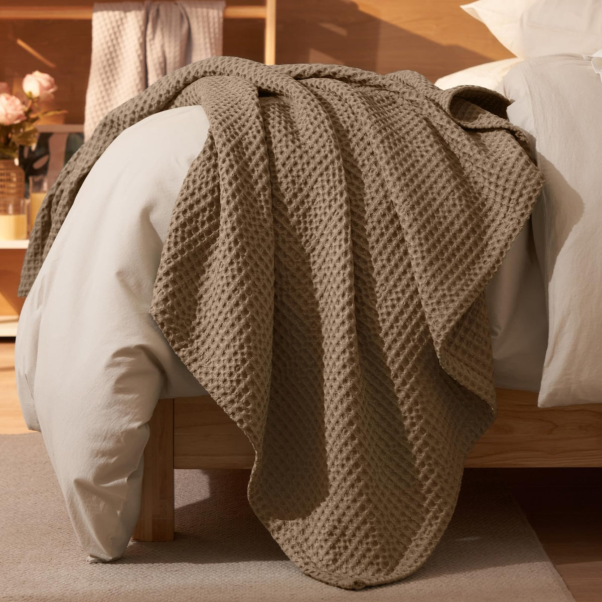 PHF Ultra Soft Waffle Weave Blanket for Bed, Queen Size, Light Khaki/Linen