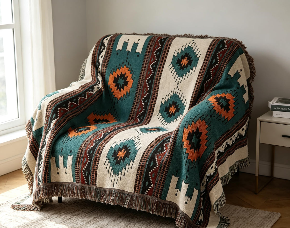 Luxlovery Aztec Sofa Throw Blankets Blue Ethnic Woven Boho Dusty Blue Color Bohemian Woven Throw Blanket for Couch Aztec Bed Throws Oversized Chair Sofa Cover with Tassels(63"x102")