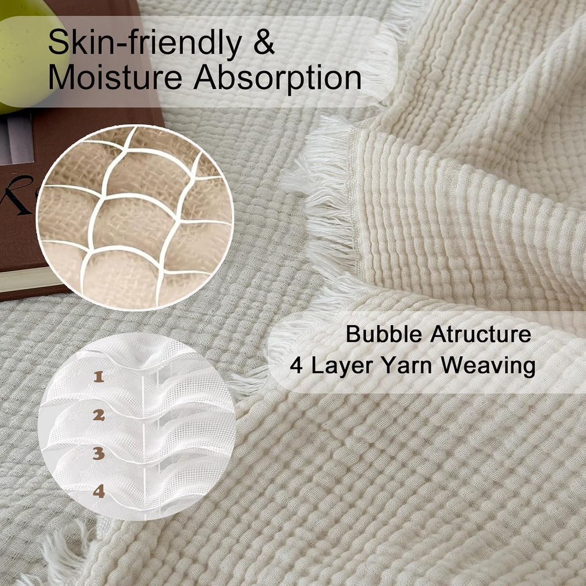 MorroMorn 100% Cotton Muslin Throw Blanket with Fringes 50"x60", 4-Layer Cotton Gauze Blankets for Adults, Boho Bedding Breathable Lightweight Ultra-Soft for Couch Bed Sofa All Seasons, Linen Beige