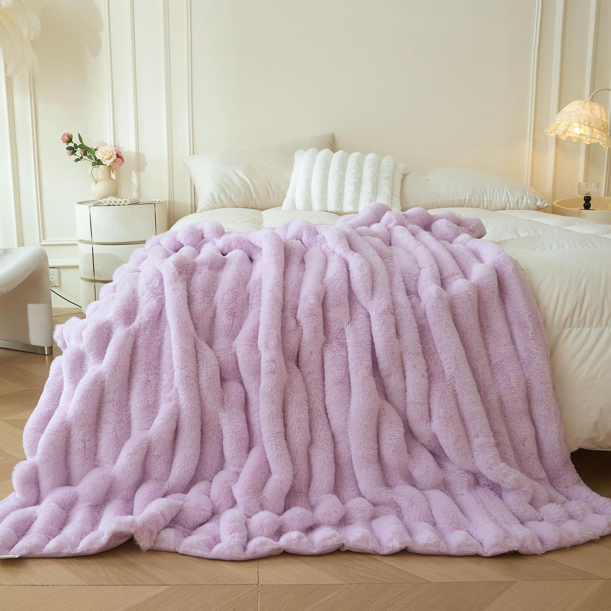 MEGO Fluffy Faux Rabbit Fur Ribbed Throw Blanket 50"x60", Rainbow