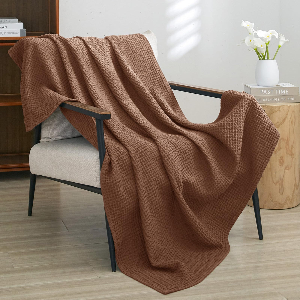 PHF 100% Cotton Waffle Blanket Lightweight Breathable, Queen Linen/Stone